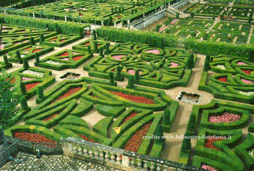 Veduta aerea dei ricami di bosso e dell'orto decorativo (potager) del Castello di Villandry, Francia.