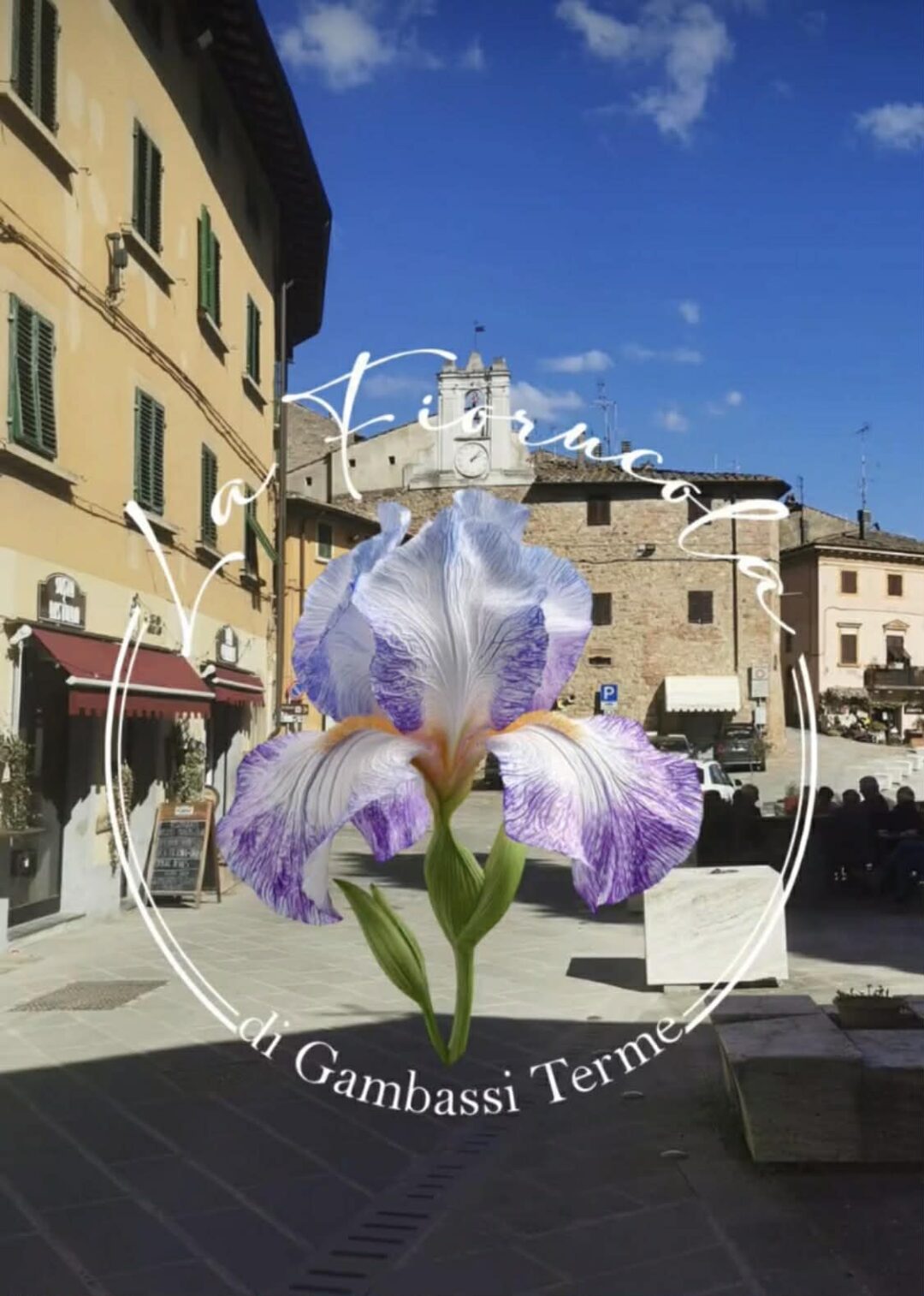 Primo piano di un iris viola, simbolo dell'evento La Fiorucola a Gambassi Terme, con fiori primaverili sullo sfondo.